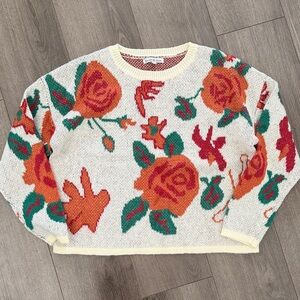 Floral Patterned Crew Neck Sweater - Orange, Green, Cream